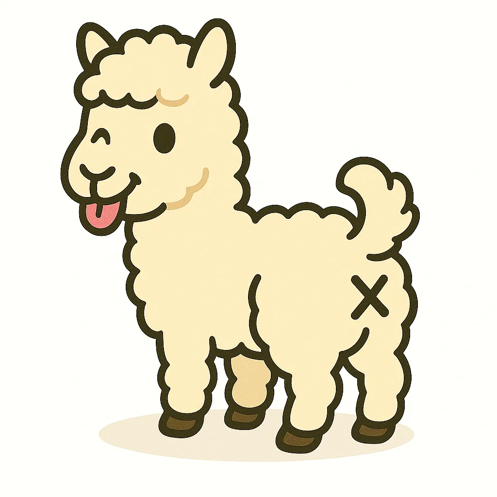 かわいい振り向きお尻のアルパカ｜ふわふわモコモコの毛に包まれたアルパカが、にこやかに振り返る姿。つぶらな瞳と丸みのある体がほっこり感を演出。