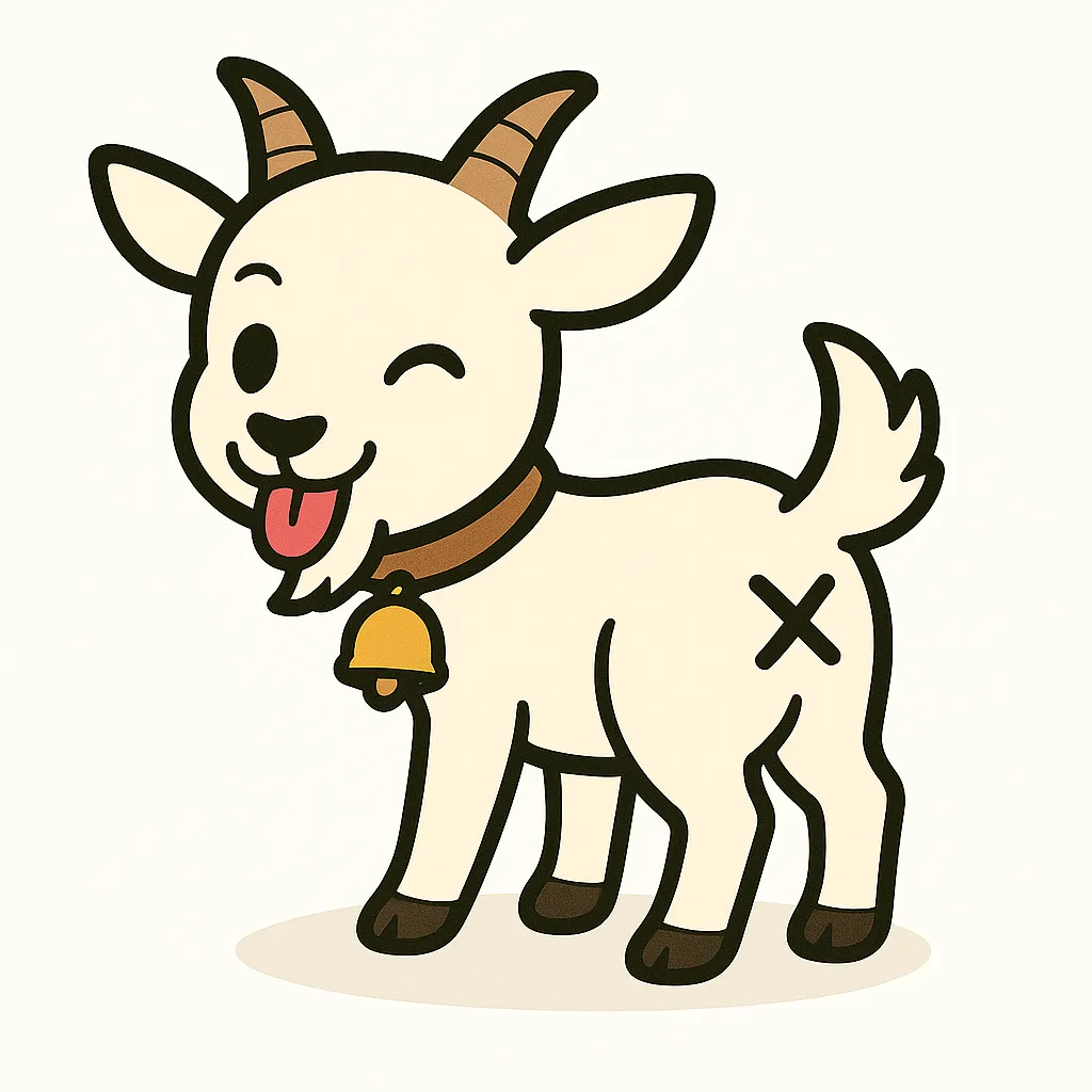 かわいい振り向きお尻のやぎ｜小さな角とすっきりした顔立ちのヤギが、元気に舌を出して振り向くイラスト。首の鈴やアゴヒゲなどのディテールもポイント。