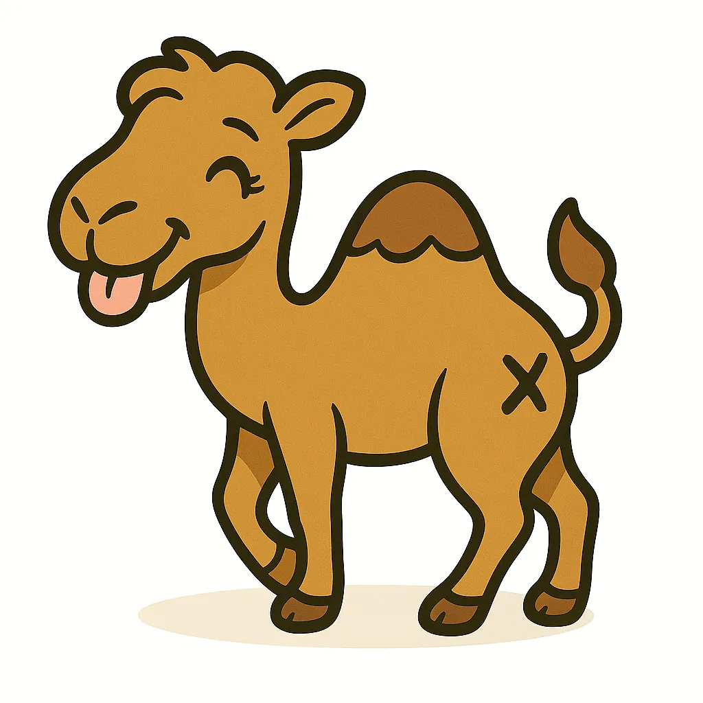 かわいい振り向きお尻ラクダ｜背中にコブがありながらもやさしい目で振り返るラクダのイラスト。長いまつ毛とゆったりした雰囲気が特徴で、砂漠の空気感を感じさせる。