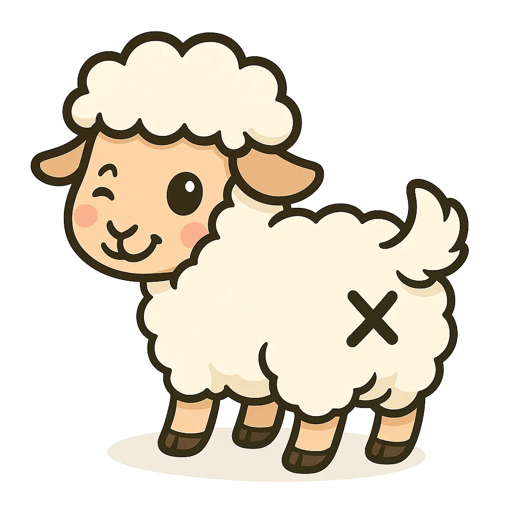 かわいい振り向きお尻ひつじ｜もこもこ毛に包まれたひつじが、つぶらな瞳でウインクする姿がキュート。丸みを帯びた体とおしりの✕マークが愛らしい。