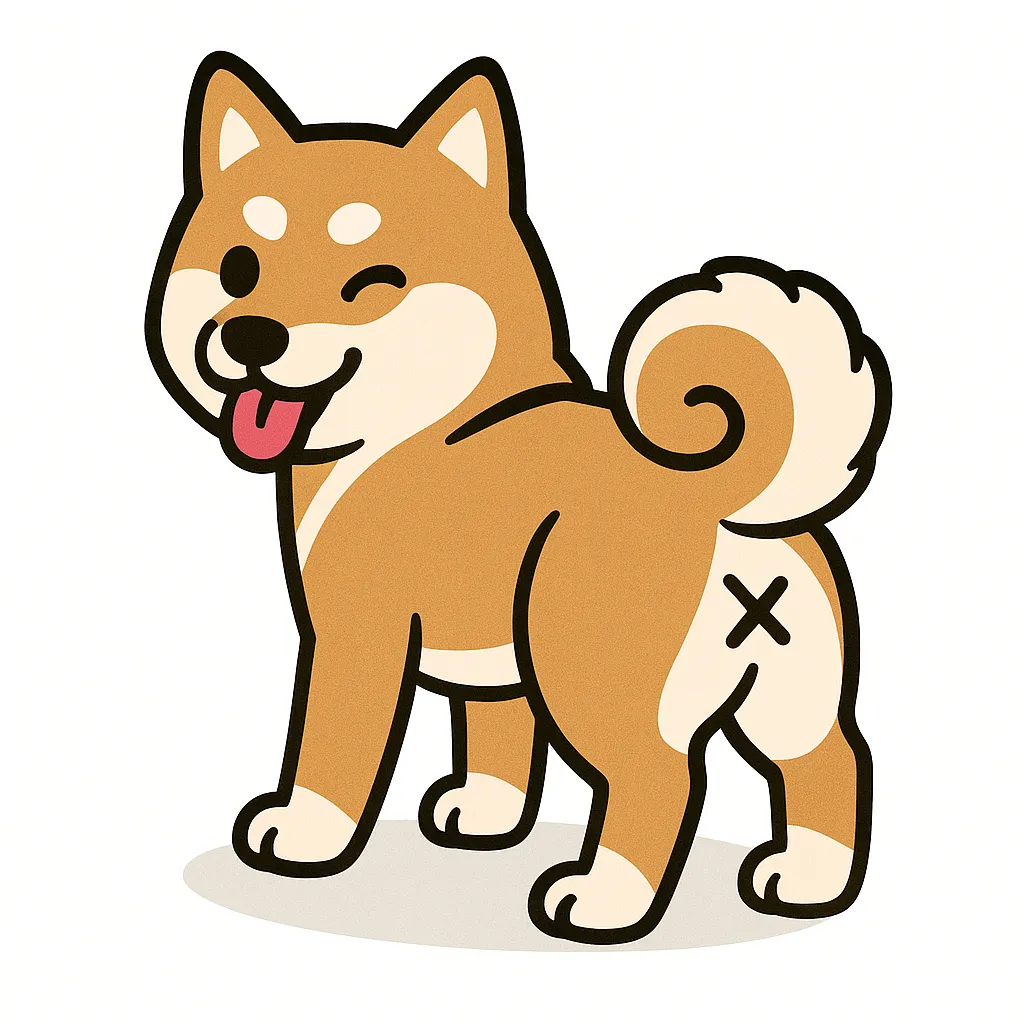 かわいいふりむきおしりの秋田犬｜堂々とした体つきの秋田犬が、おしりをこちらに向けて凛とした笑顔で振り返ります。しっかり巻かれた尾と力強い足腰が特徴的で、ウインクと舌出しの愛嬌も添えられたデザイン。おしりには記号風の×マーク付きです。