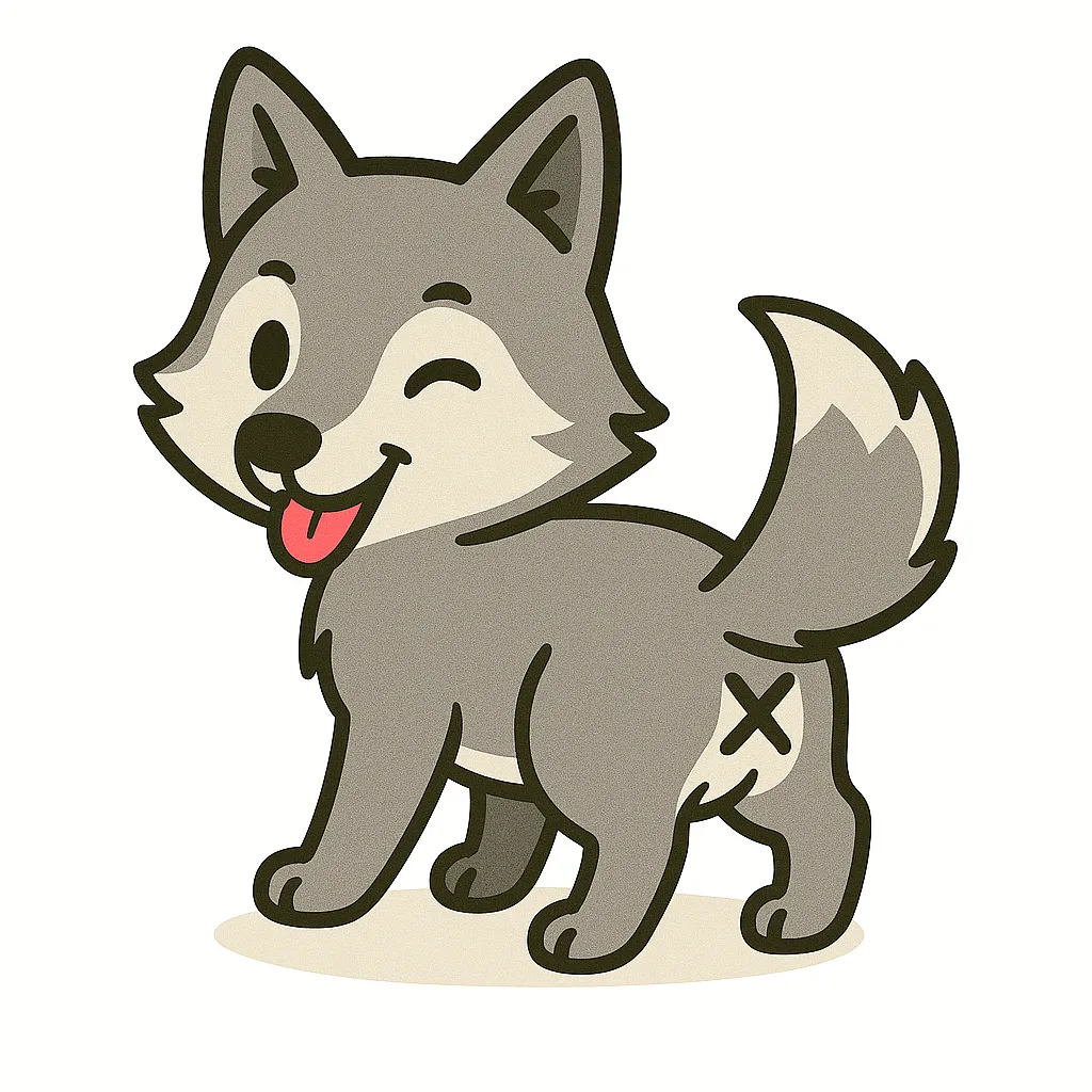 かわいい振り向きお尻のオオカミ｜シャープな顔立ちとしゅっとした体型で、かっこよさの中にかわいさがある。ウインクがミステリアスな印象のオオカミ。