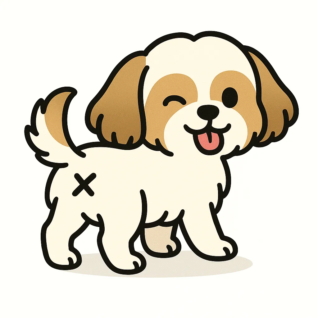 かわいいふりむきおしりのシーズー｜ふわふわの長毛が特徴的なシーズーが、おっとりとした表情でウインク＆舌出ししながら振り返ります。おしりには×マークが入り、たれ耳とまあるい体つきがぬいぐるみのような雰囲気を醸し出しています。