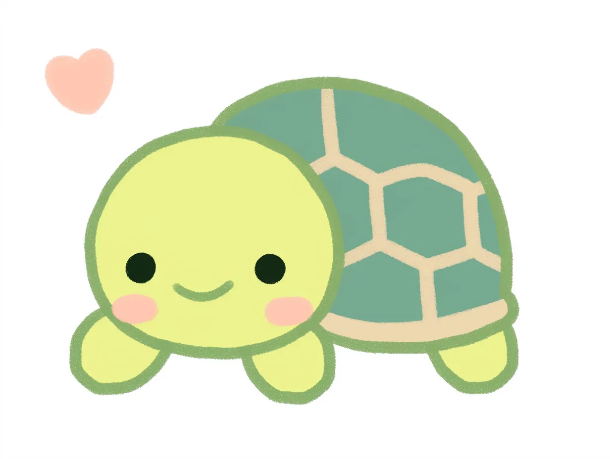 ほのぼの顔のカメとハートマーク｜ふんわりとした手描き風のタッチで描かれた、ほのぼのとした表情のカメ。小さなハートがそえられ、温かみのある優しい印象を与えるイラスト。