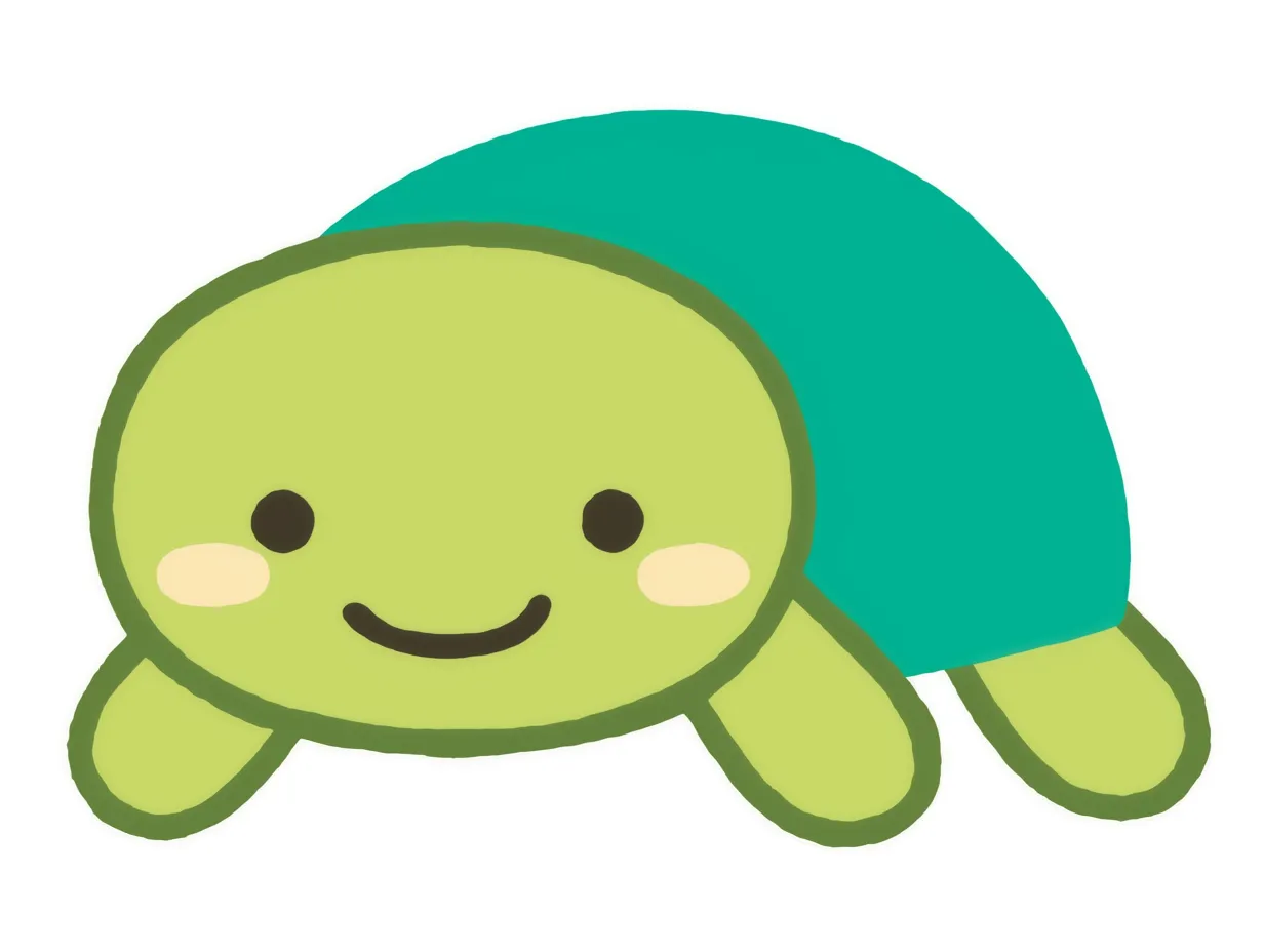 ほのぼの顔のカメのシンプルデザイン｜手描き風の柔らかなタッチが特徴の、ほのぼのとした顔のカメ。丸みのあるデザインが可愛らしく、優しい雰囲気を持つ仕上がり。