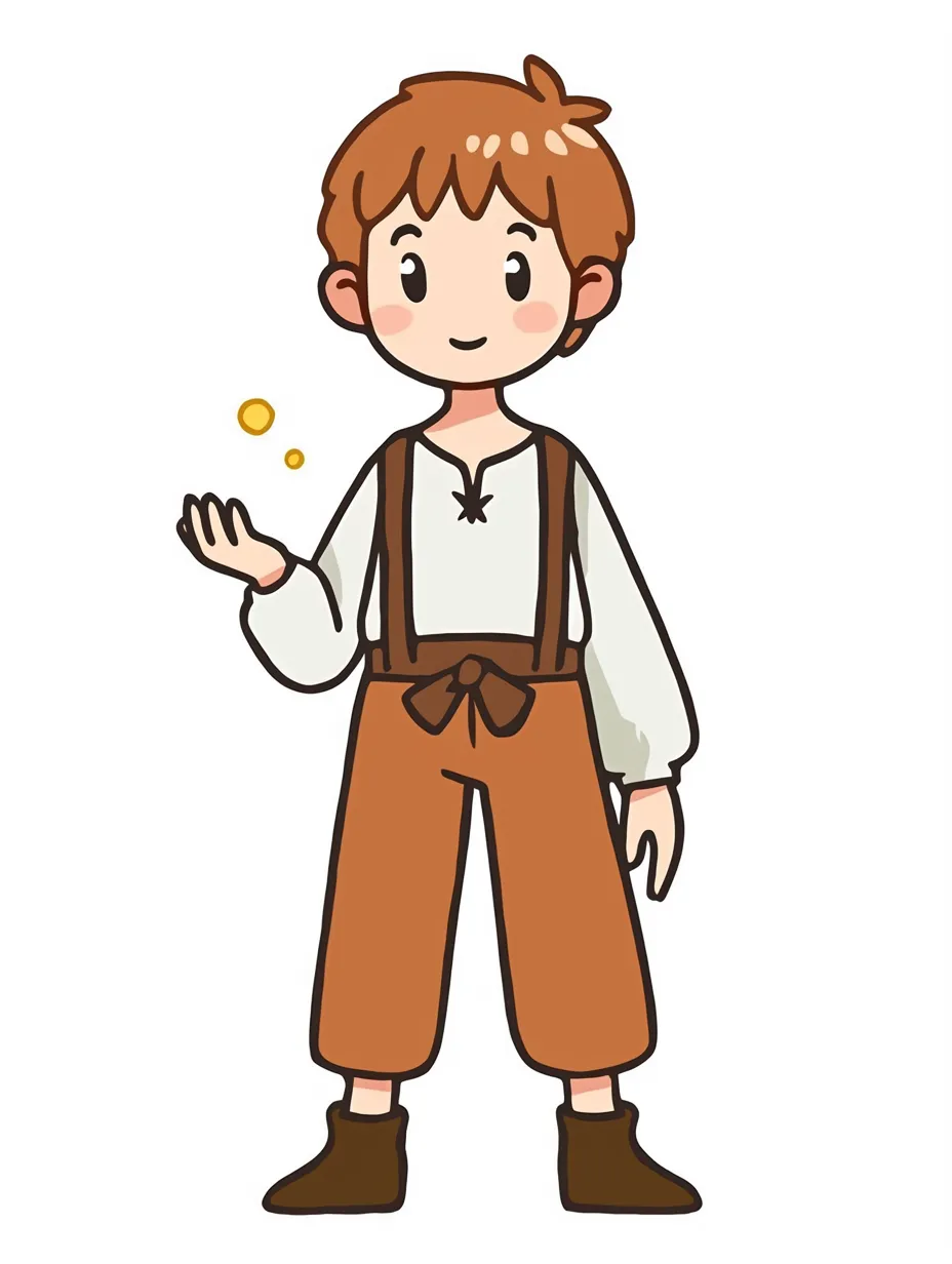 村人の少年と金貨の輝き｜カジュアルなタッチと鮮やかな配色が魅力のイラスト。村人の少年が金貨を手に微笑む姿が描かれ、ちょっとした幸運を手にしたような雰囲気が伝わる楽しい作品。