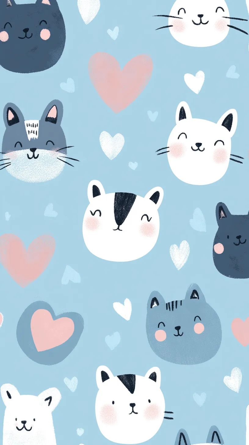 猫とハートのかわいい水色壁紙｜笑顔の猫たちと手描き風のハートがあふれるパターンは、癒しと愛らしさに満ちたデザイン。見る人の心が和む、かわいい水色壁紙です。