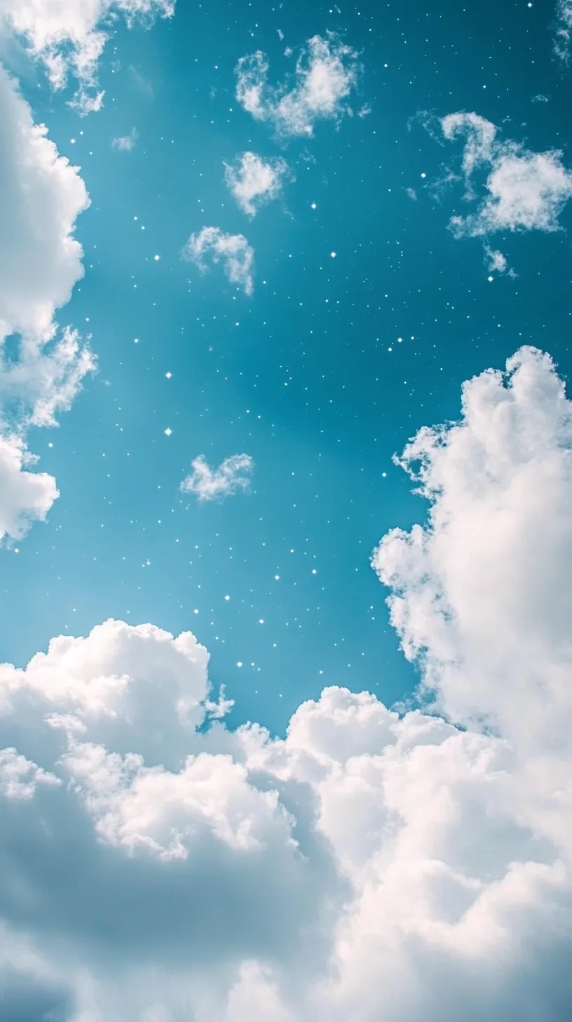星空と雲のかわいい水色壁紙｜リアルな雲の合間から輝く星が瞬く様子が、ロマンチックな夜空を演出。清らかで広がりのある、かわいい水色壁紙です。