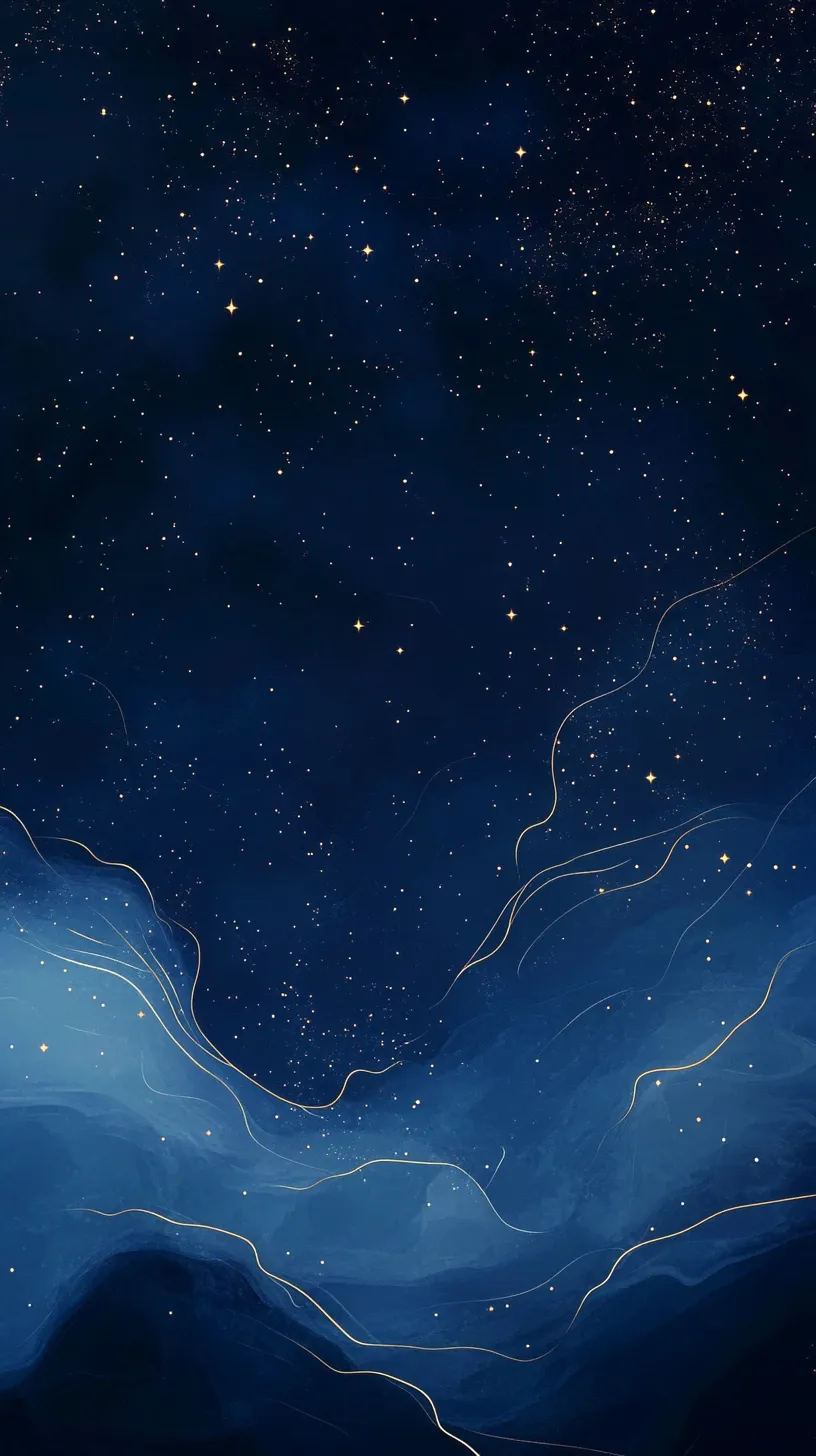 ネイビー壁紙星空アート風景｜夜空に浮かぶ無数の星々と、幻想的に揺らめく光のラインが印象的。奥行きある濃紺のグラデーションが美しく、ネイビー壁紙として夢見心地な空気感を演出します。