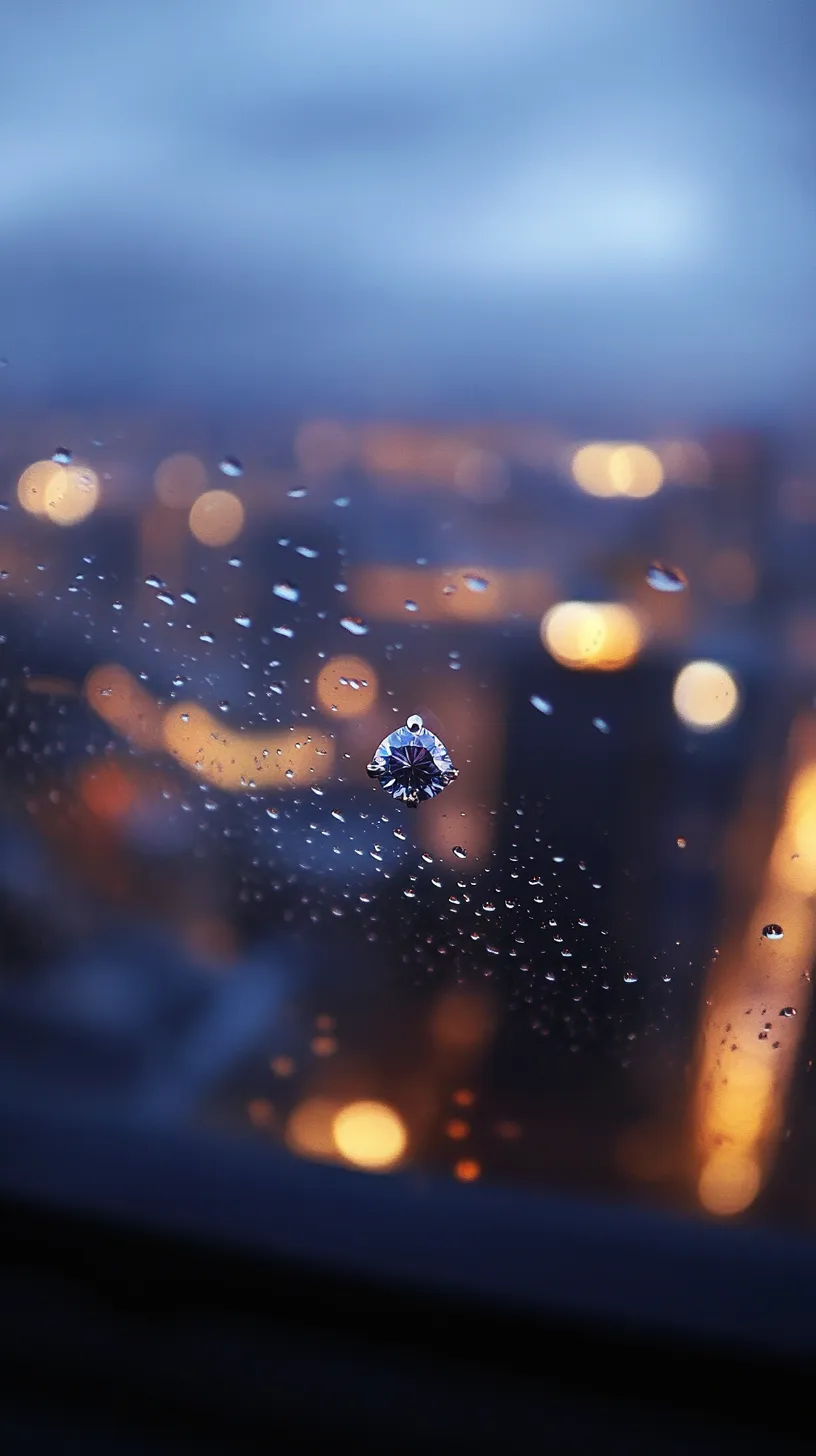 雨壁紙・夜景と雨粒の宝石｜夜の都市を背景に、窓に残った雨粒が光を受けて宝石のように輝きます。幻想的でロマンチックな雰囲気が漂い、雨壁紙として眺めるたびに物語を感じさせてくれるような一枚です。