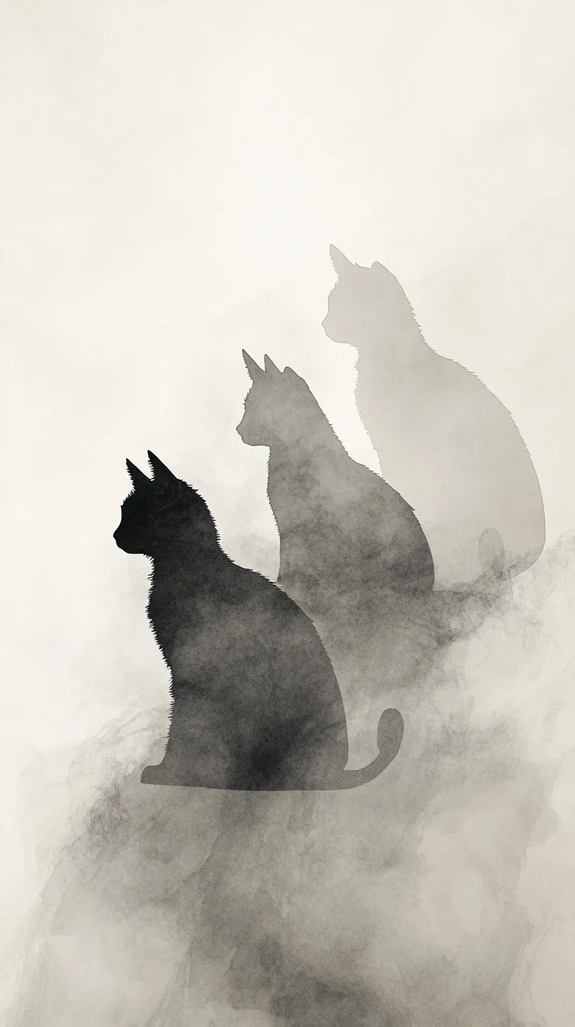 墨絵風シルエットが美しいおしゃれ猫壁紙｜黒からグレーへとにじむ墨のような表現で描かれた猫たちが、幻想的な印象を残します。和洋どちらにも合う静謐なトーンが魅力の、おしゃれ猫壁紙です。