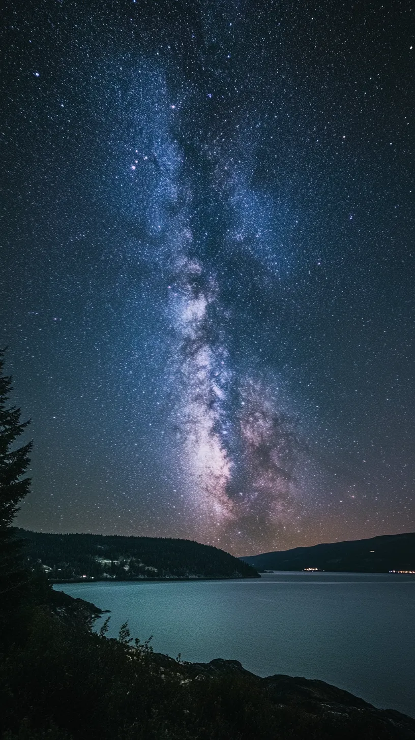 天の川が輝く星空壁紙｜夜の湖畔から立ち上がるように広がる天の川が印象的な一枚。リアルで繊細な描写が宇宙の広がりを感じさせ、星空壁紙として静かで神秘的な世界観を演出します。