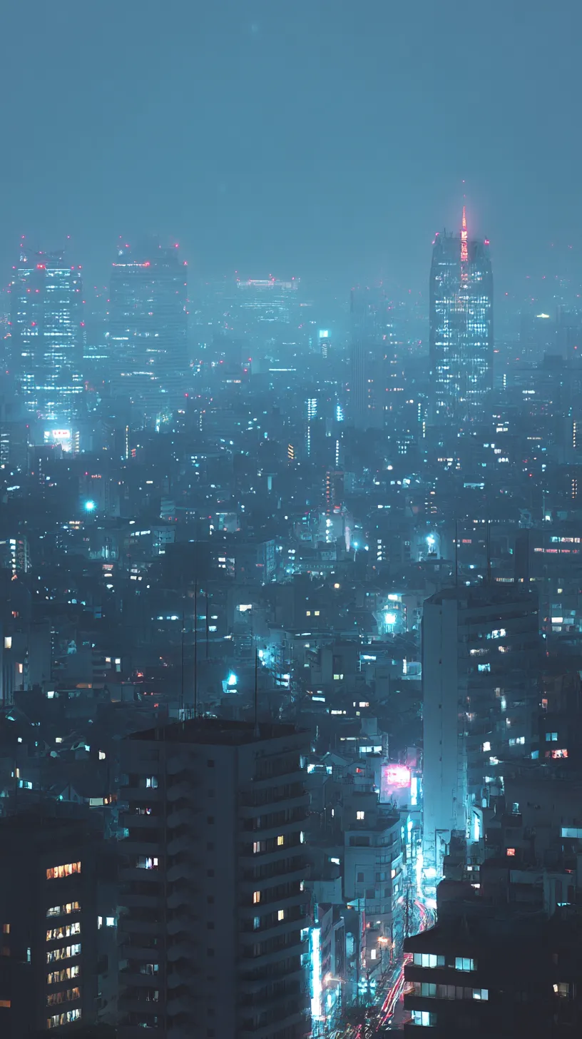 おしゃれな壁紙 夜の街景色｜霧に包まれた高層ビル群が青白い光を放ち、無数の窓明かりが静かなリズムを描く。おしゃれな壁紙として、都会の幻想的な夜景が広がる一枚。