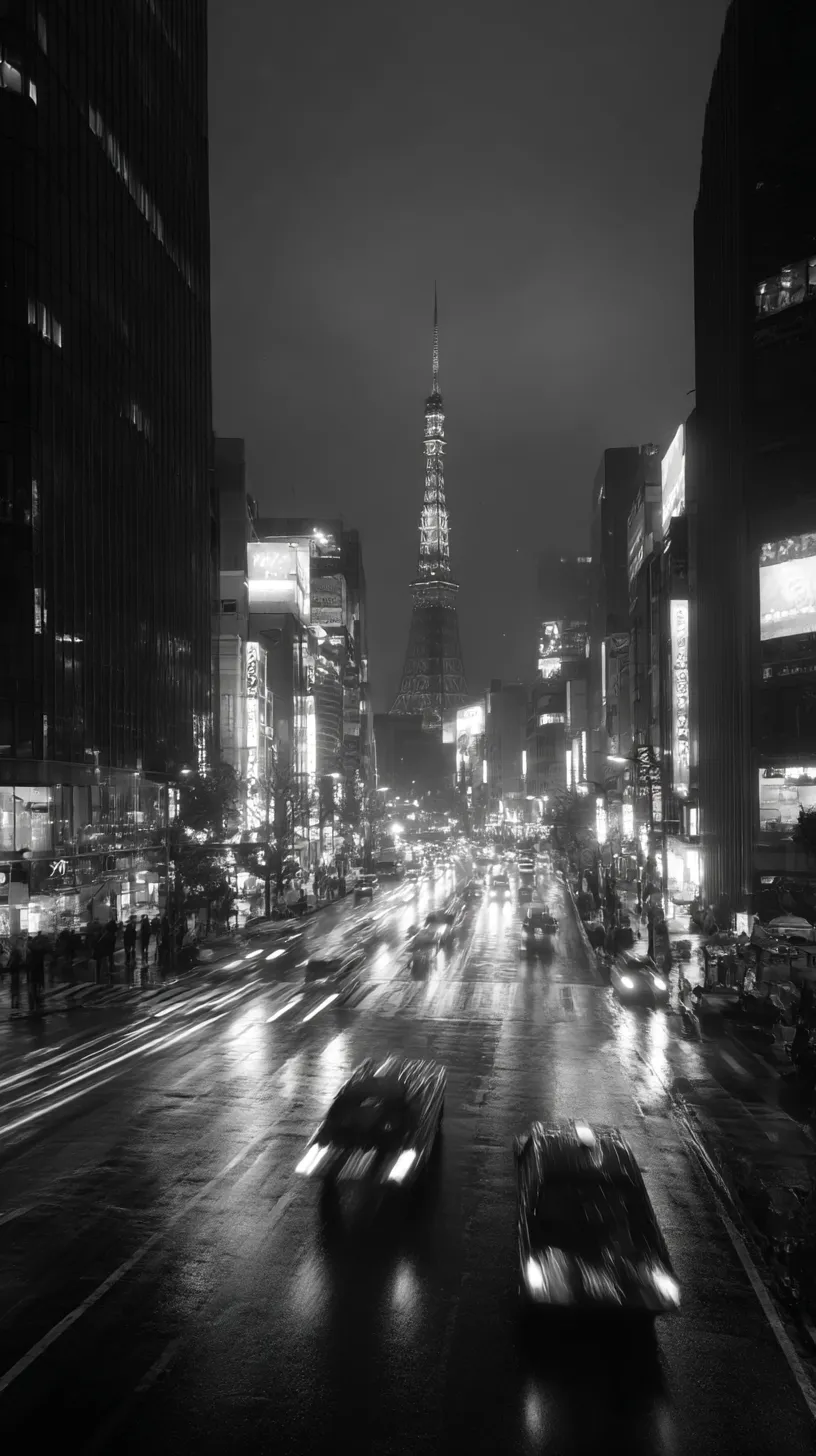 大人おしゃれな壁紙 夜景の静寂｜霧に覆われた都市のビル群が青白い光を放ち、赤い点滅灯が夜空に浮かぶ。大人おしゃれな壁紙として、都会の孤独と幻想的な輝きが織りなす雰囲気を描いている。