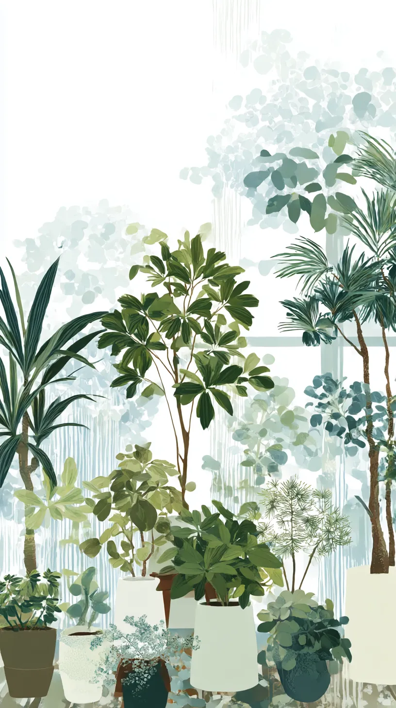 観葉植物のLINE壁紙｜室内を彩る鉢植えの観葉植物が丁寧に描かれ、重なり合う葉の濃淡が立体感を際立たせる。背景の淡い光が柔らかさを添え、静かな緑の息吹が画面全体を落ち着いた雰囲気で包み込んでいる。