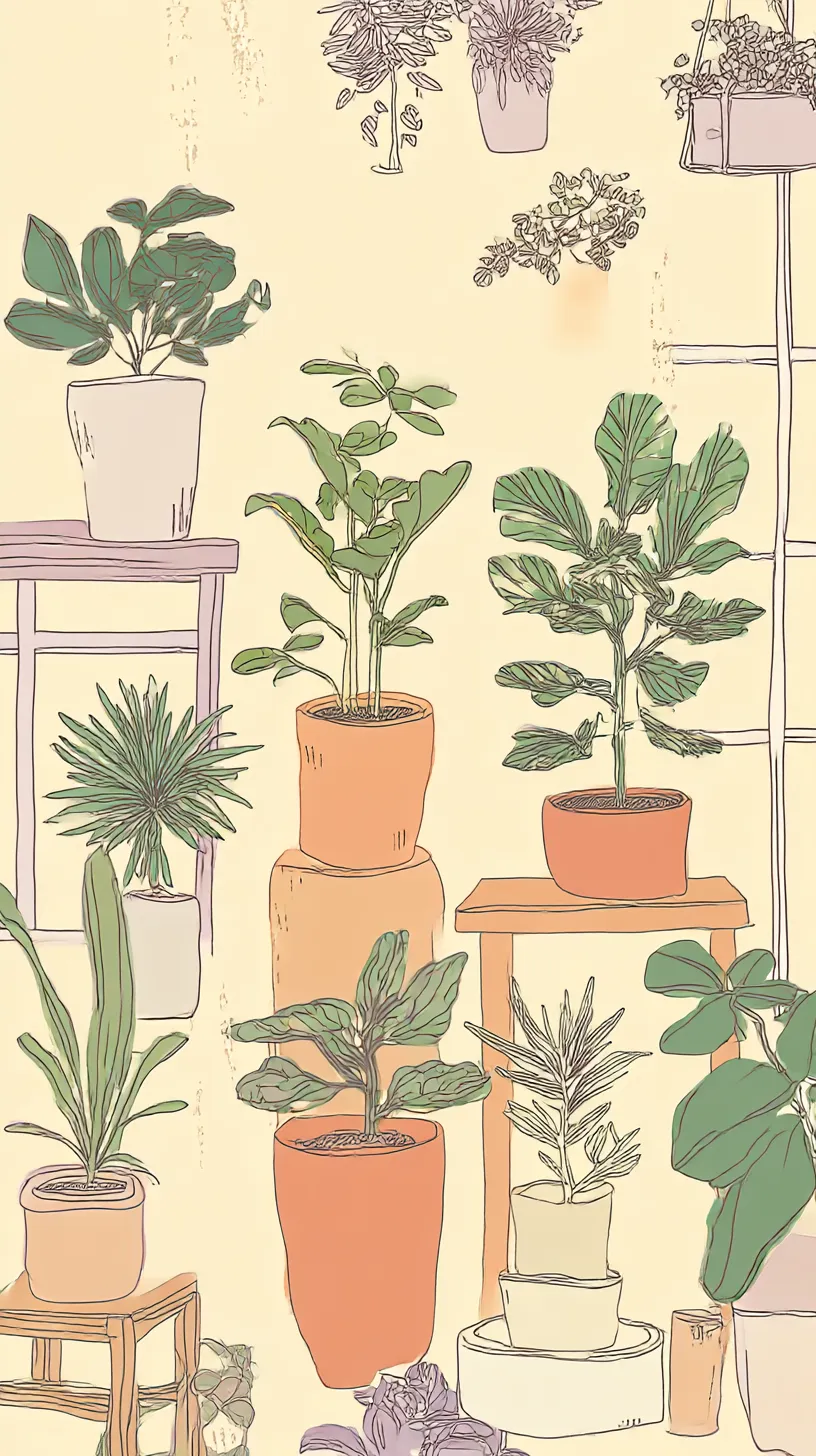 手描き植物のLINE壁紙｜温かなベージュの背景に鉢植えの植物が線画風に描かれ、柔らかな色彩がにじむ。鉛筆のようなタッチと淡い彩色が重なり、日常の中に穏やかな空気を漂わせる優しいイラスト表現が魅力。
