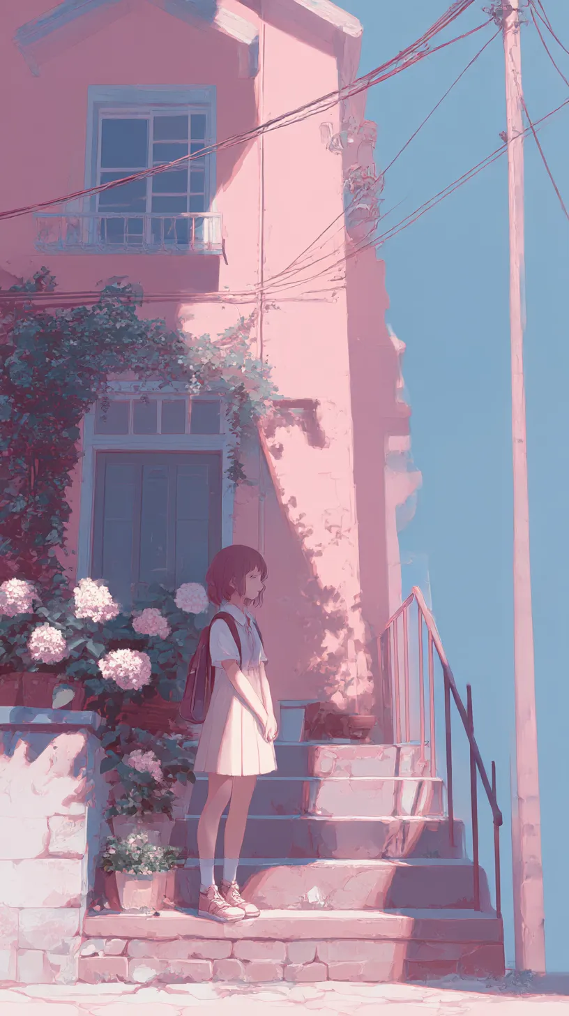 夕暮れの少女LINE壁紙｜淡いピンクに染まる建物の前に少女が立ち、影と光が交錯する。蔦や花が窓辺を彩り、柔らかな夕方の空気が漂う。建物の質感と人物のシルエットが調和し、懐かしい情景が心に響く。