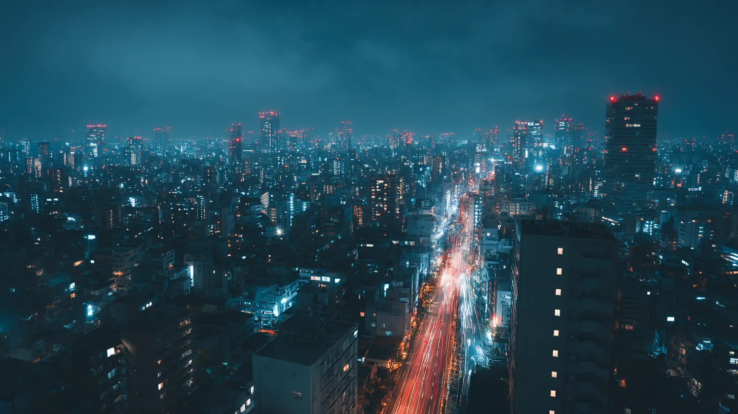 おしゃれPC壁紙 摩天楼の息吹｜都市の夜景が青い光と赤い点滅で染まり、ビル群が生命感を放つおしゃれPC壁紙。空を覆う雲と光跡が交差し、現代都市の躍動を鮮烈に切り取っている。