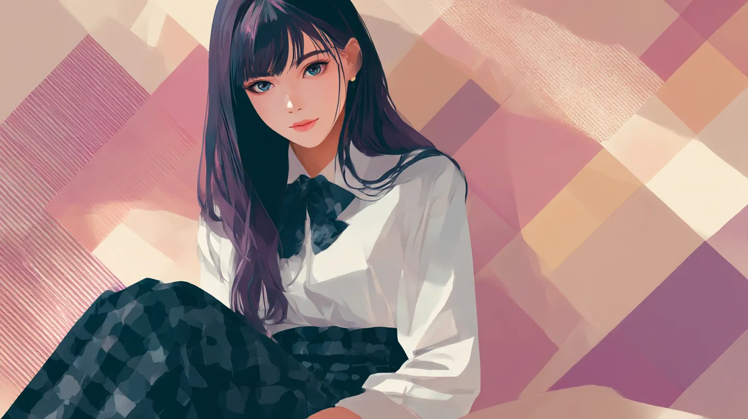 おしゃれ女性PC壁紙 柔光の視線｜淡いピンクとベージュの幾何背景を背に、女性がこちらを見つめるおしゃれ女性PC壁紙。くっきりとした瞳と整った配色が、洗練と優雅さを印象づけている。