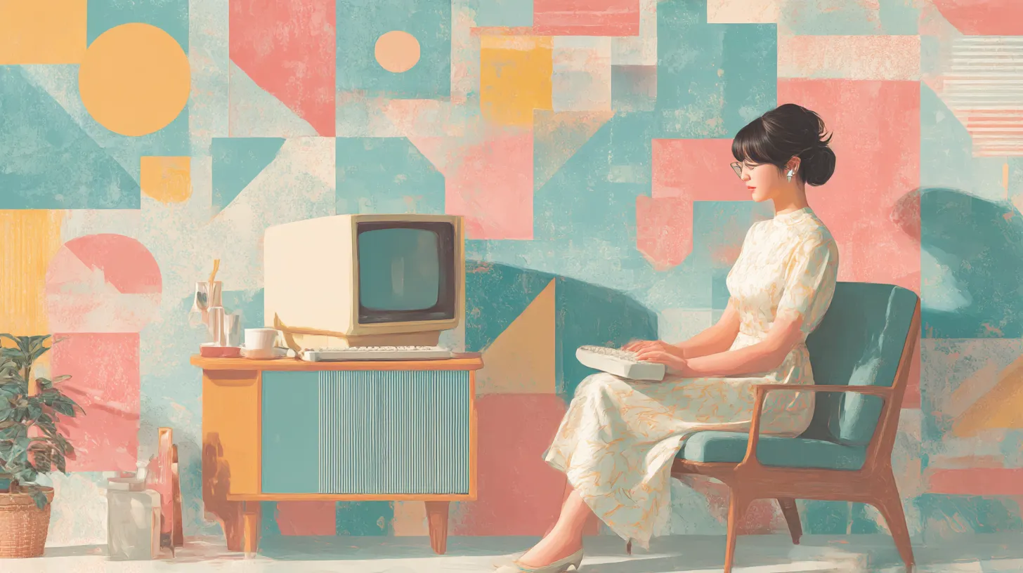 おしゃれ女性PC壁紙 レトロモダンの午後｜カラフルな幾何模様の壁を背景に、クラシカルなワンピースの女性が描かれるおしゃれ女性PC壁紙。レトロな家具と調和し、温かみある時代感が漂っている。