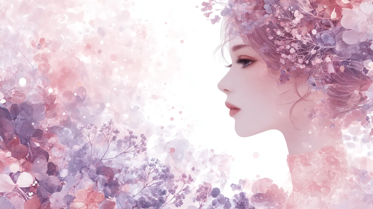 おしゃれ女性PC壁紙 花冠の横顔｜花々と共に描かれる女性の横顔が浮かび上がるおしゃれ女性PC壁紙。淡いピンクと紫の調和が幻想的な空気を醸し出し、透明感のある雰囲気に包まれている。
