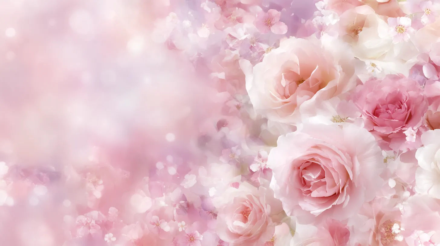 おしゃれ女性PC壁紙 薔薇の庭に溶けて｜ピンクの薔薇が咲き誇る中に広がる柔らかな光がおしゃれ女性PC壁紙を彩る。淡いグラデーションと花弁の重なりが、華やかで優美な世界を描き出している。