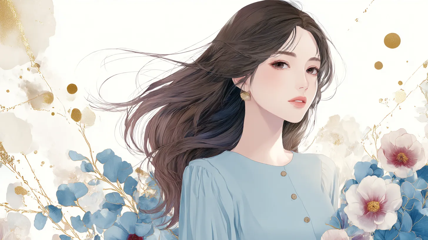 おしゃれ女性PC壁紙 風に揺れる視線｜髪を風に靡かせた女性が花々に囲まれるおしゃれ女性PC壁紙。ブルーとゴールドの組み合わせが華やかさを添え、柔らかさと力強さを両立させている。