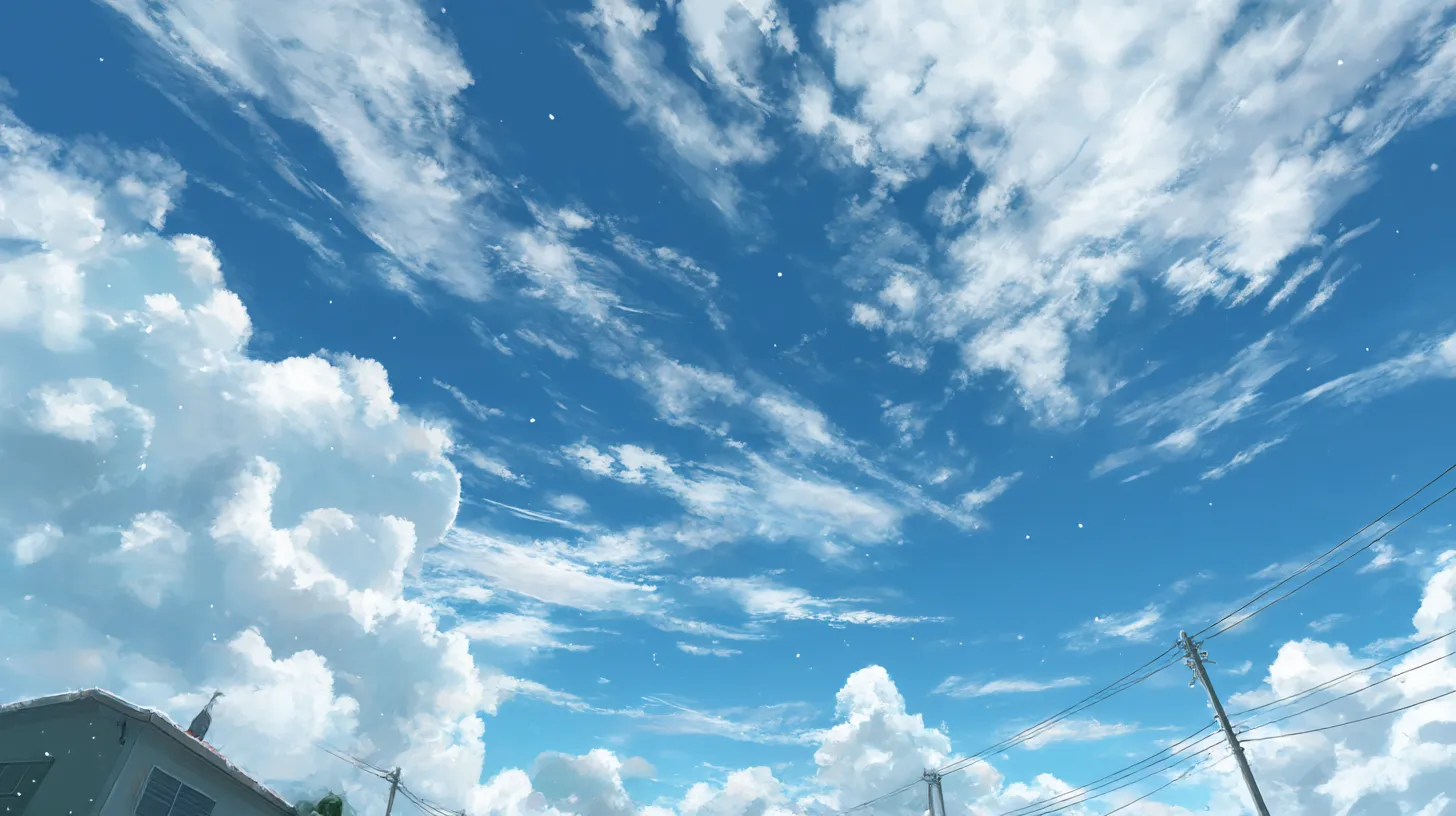 かわいいPC壁紙 夏空の広がり｜鮮やかな青空に伸びやかに流れる雲が描かれたかわいいPC壁紙。住宅や電線が小さく写り込み、日常の風景に広がる大空の雄大さが際立つ構図。軽やかに舞う白い雲粒が夏らしい爽快感を与えている。