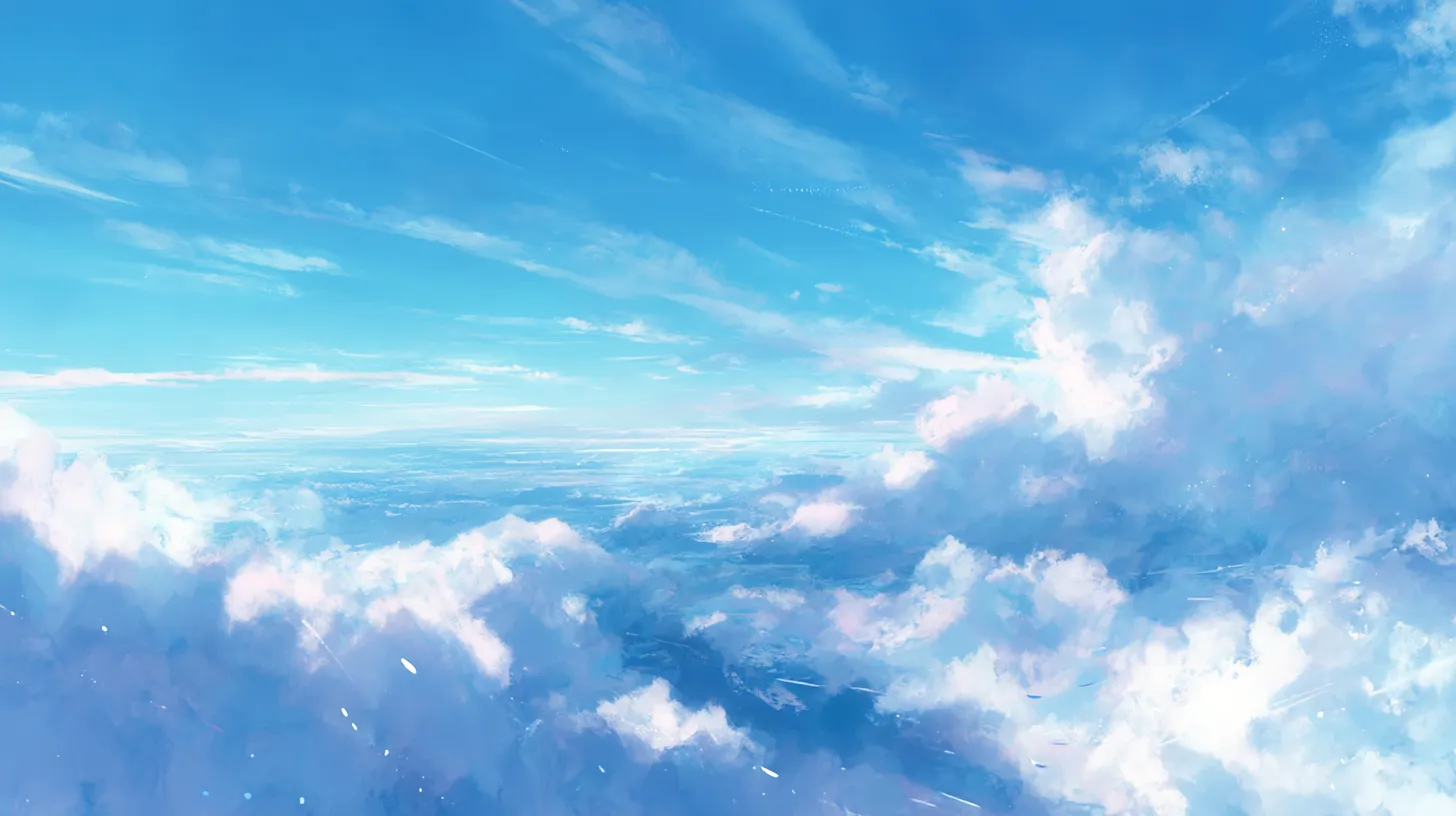 かわいいPC壁紙 雲上の世界｜広大な空に柔らかな雲が層を成すかわいいPC壁紙。空の青と雲の白が溶け合い、遠くまで続く地平線が透明感を感じさせる。筆のタッチが繊細に残り、夢の中にいるような浮遊感を生み出している。