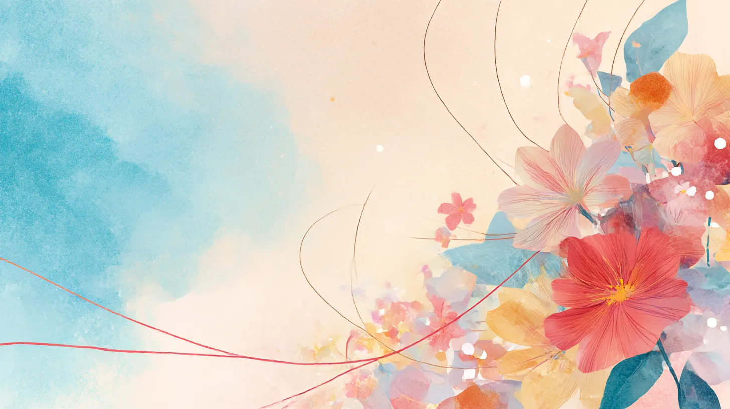 かわいいPC壁紙 花と空色｜淡いブルーとベージュの背景に、鮮やかな花々が広がるかわいいPC壁紙。花びらの重なりや線の流れが軽やかなリズムを生み、柔らかい彩りが自然の優美さを引き立てている。繊細で華やかな印象の一枚。