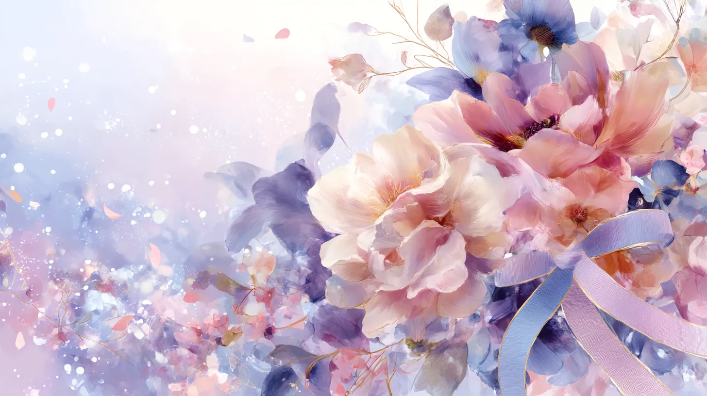 かわいいPC壁紙 花束の煌めき｜淡い紫とピンクを基調に、大輪の花が咲き誇るかわいいPC壁紙。光粒子が舞い散る中で花びらが重なり合い、リボンのアクセントが華やかさを添えている。柔らかさと高貴さが同居する優美な構図。