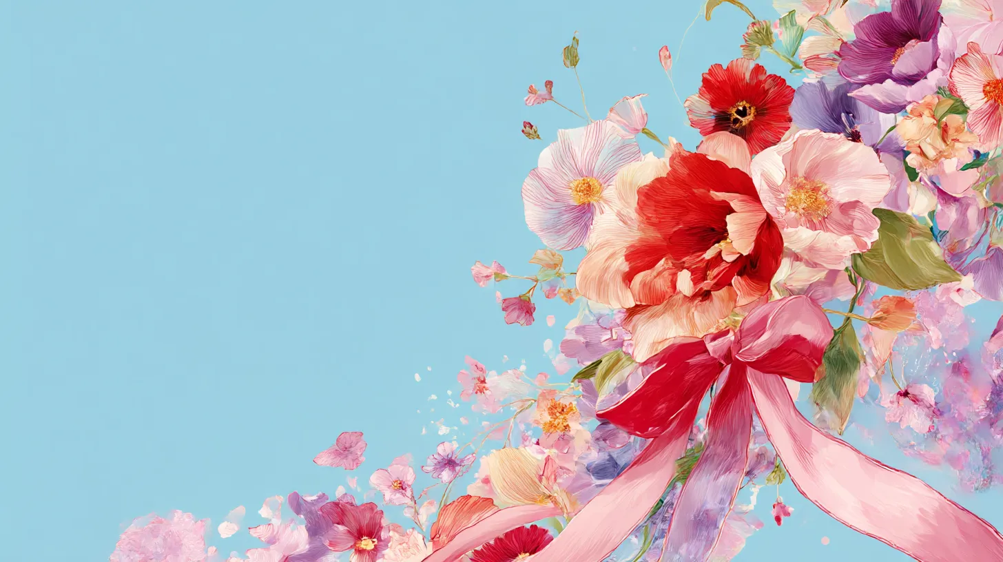 かわいいPC壁紙 青空と花飾り｜澄んだブルーの背景に鮮やかな花々が映えるかわいいPC壁紙。赤いリボンが花束を束ねるように彩りを際立たせ、構図全体に躍動感を生み出している。明快な色彩が爽やかで元気な印象を与えている。