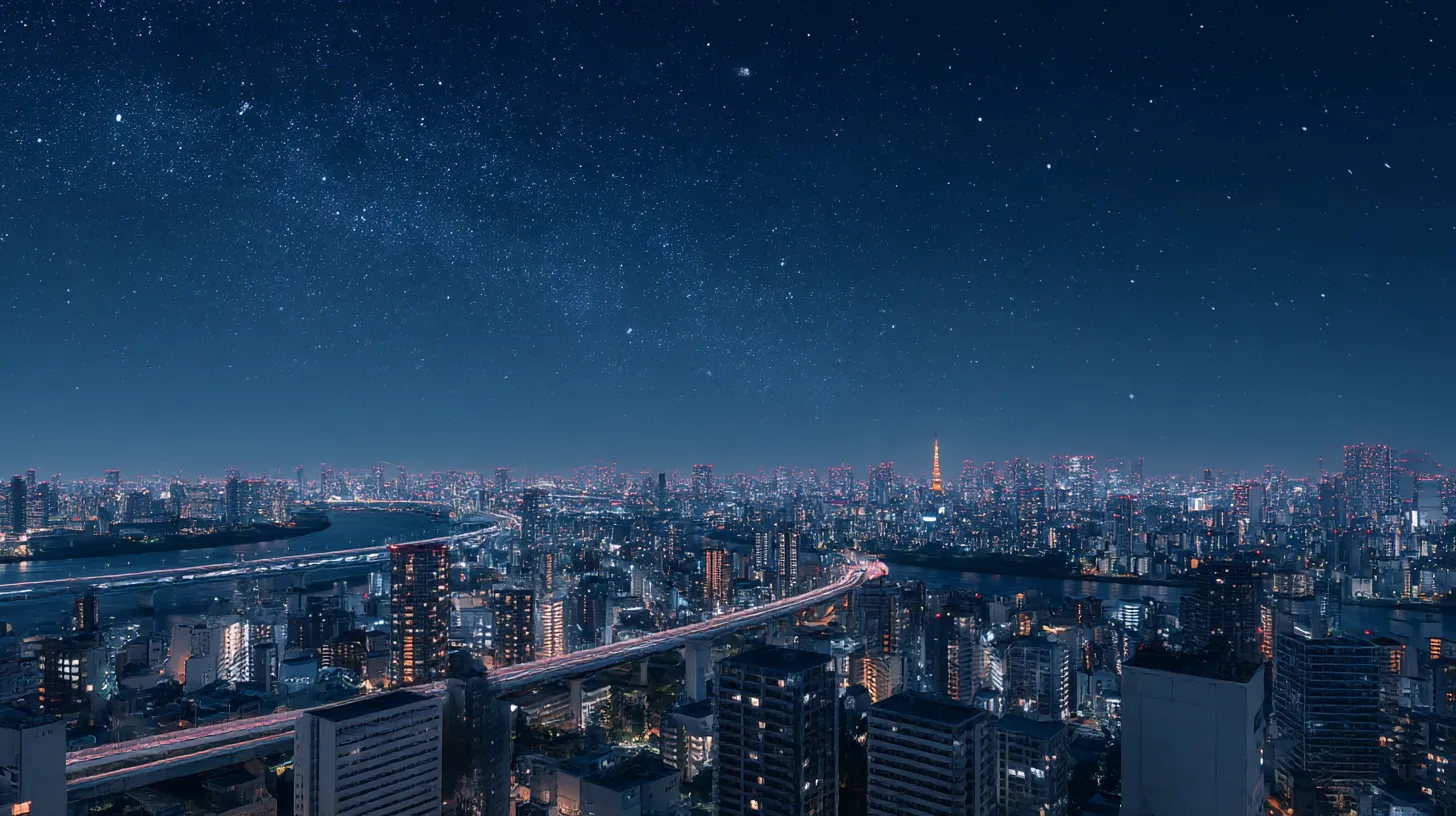 かっこいいPC壁紙 夜景の星空｜都市の夜景と満天の星空が広がるかっこいいPC壁紙。ビル群の灯りと星々が共鳴するように輝き、都会的でありながら幻想的な景観を描き出している。