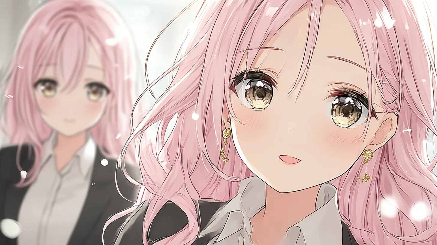 アニメPC壁紙 春風の微笑み｜淡い桜色の髪を揺らしながら微笑む少女が描かれたアニメPC壁紙。柔らかな光と優しい表情が、春の空気を感じさせる。
