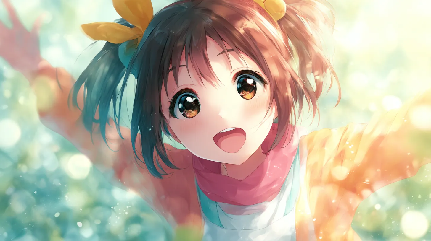 アニメPC壁紙 光あふれる笑顔｜両手を広げてはしゃぐ少女が描かれたアニメPC壁紙。光の粒がきらめき、元気で前向きな雰囲気を強調している。