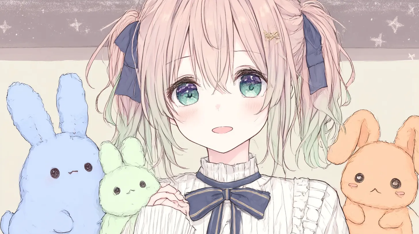 アニメPC壁紙 星夜のリボン｜淡い色調で描かれた少女がぬいぐるみに囲まれるアニメPC壁紙。大きなリボンと夢見心地の瞳が幻想的な雰囲気を漂わせる。
