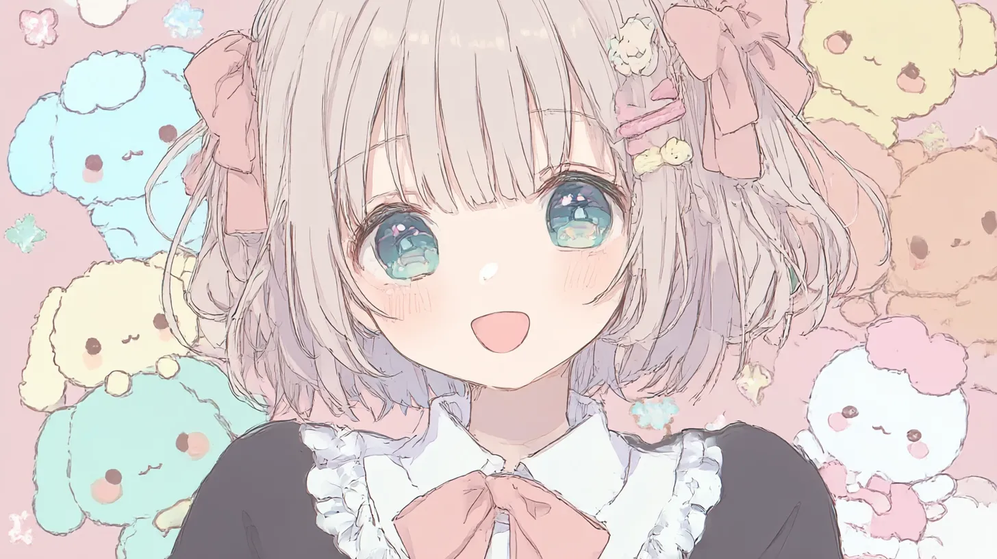 アニメPC壁紙 キュートドリーム｜リボンを飾った少女が可愛いキャラクターたちに囲まれるアニメPC壁紙。柔らかなタッチと pastel 調の色彩が温かさを表現する。