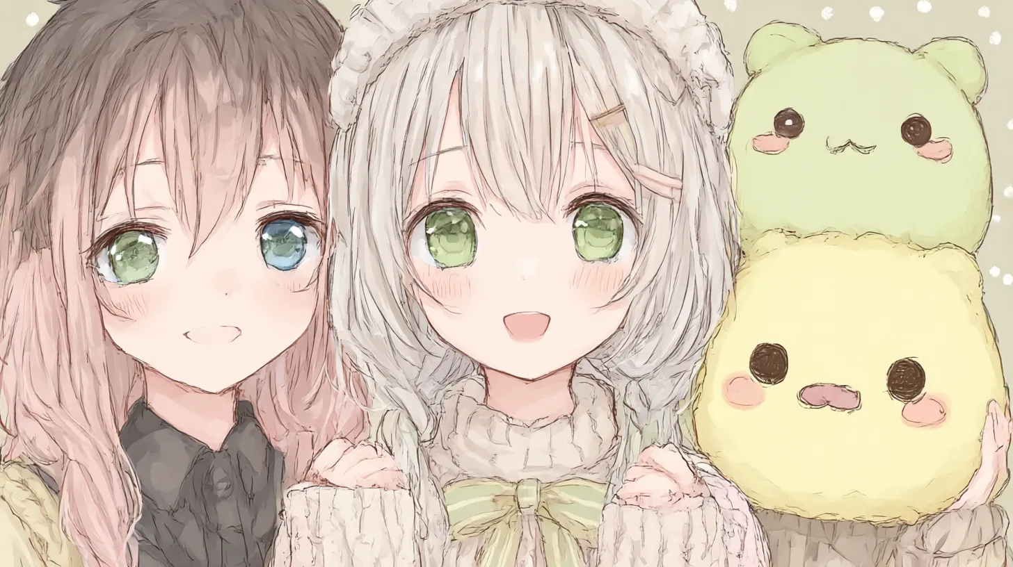アニメPC壁紙 ふわもこ笑顔の二人｜淡い色調で描かれた二人の少女が並び、柔らかなニットとぬいぐるみが優しい雰囲気を演出するアニメPC壁紙。瞳の輝きが繊細で、全体に温もりが漂う構図になっている。