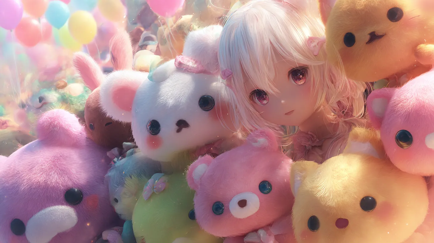 アニメPC壁紙 ぬいぐるみの楽園｜色鮮やかなぬいぐるみに囲まれた白髪の少女が幻想的に描かれたアニメPC壁紙。柔らかな光と風船が漂う空間が夢のような印象を与え、優しいファンタジーの世界観を強調している。