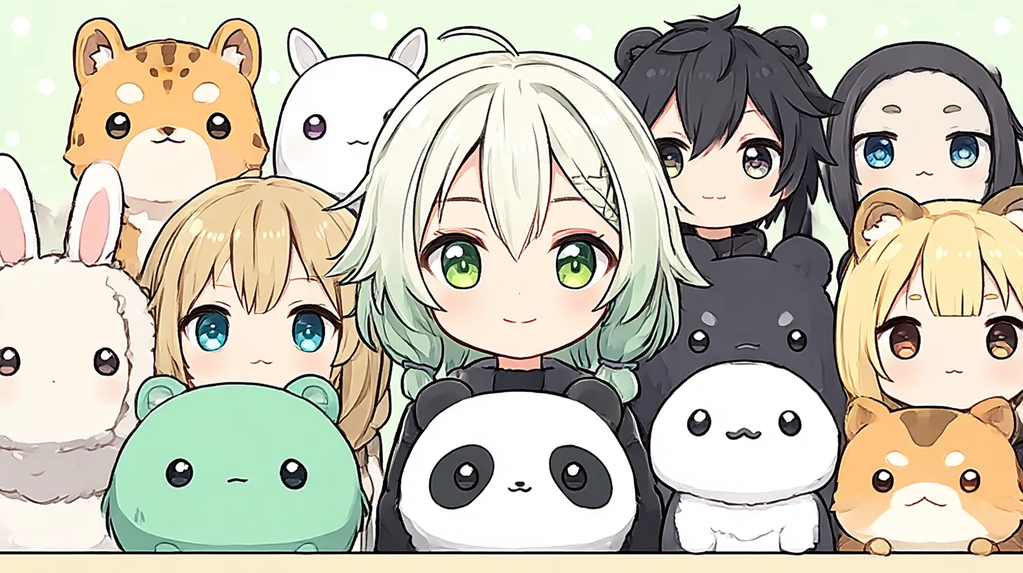 アニメPC壁紙 仲間とぬいぐるみの輪｜少女や少年たちが丸みのあるぬいぐるみと並んで座るアニメPC壁紙。多彩なキャラクターと動物の表情が可愛らしく整列し、親しみやすさと賑やかさが画面全体に広がっている。