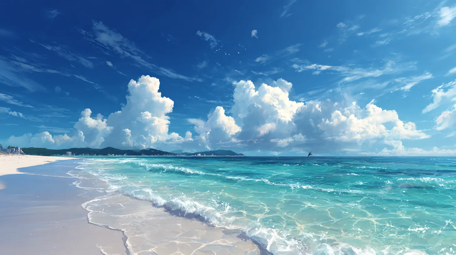 海PC壁紙 夏雲と青浜の躍動感｜入道雲が立ち上る空と輝く波が交わる海PC壁紙。描かれた砂浜と水面の透明感が鮮やかで、夏らしいエネルギーを漂わせる。