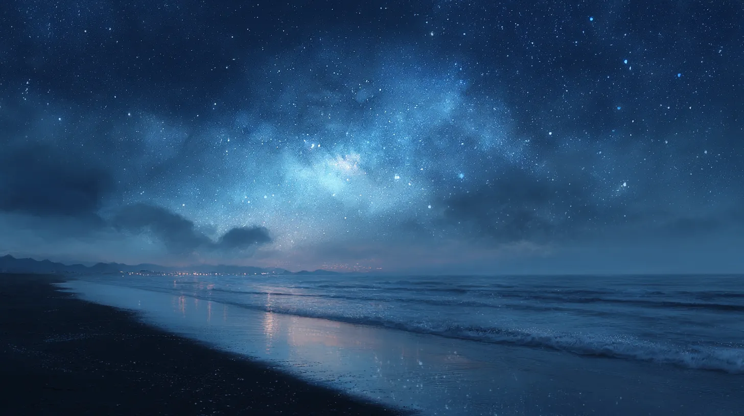 海PC壁紙 星空と浜辺の幻想｜星々が散りばめられた夜空と静かな浜辺が広がる海PC壁紙。波間に映る光が夢幻的で、宇宙と海の繋がりを感じさせる構図。