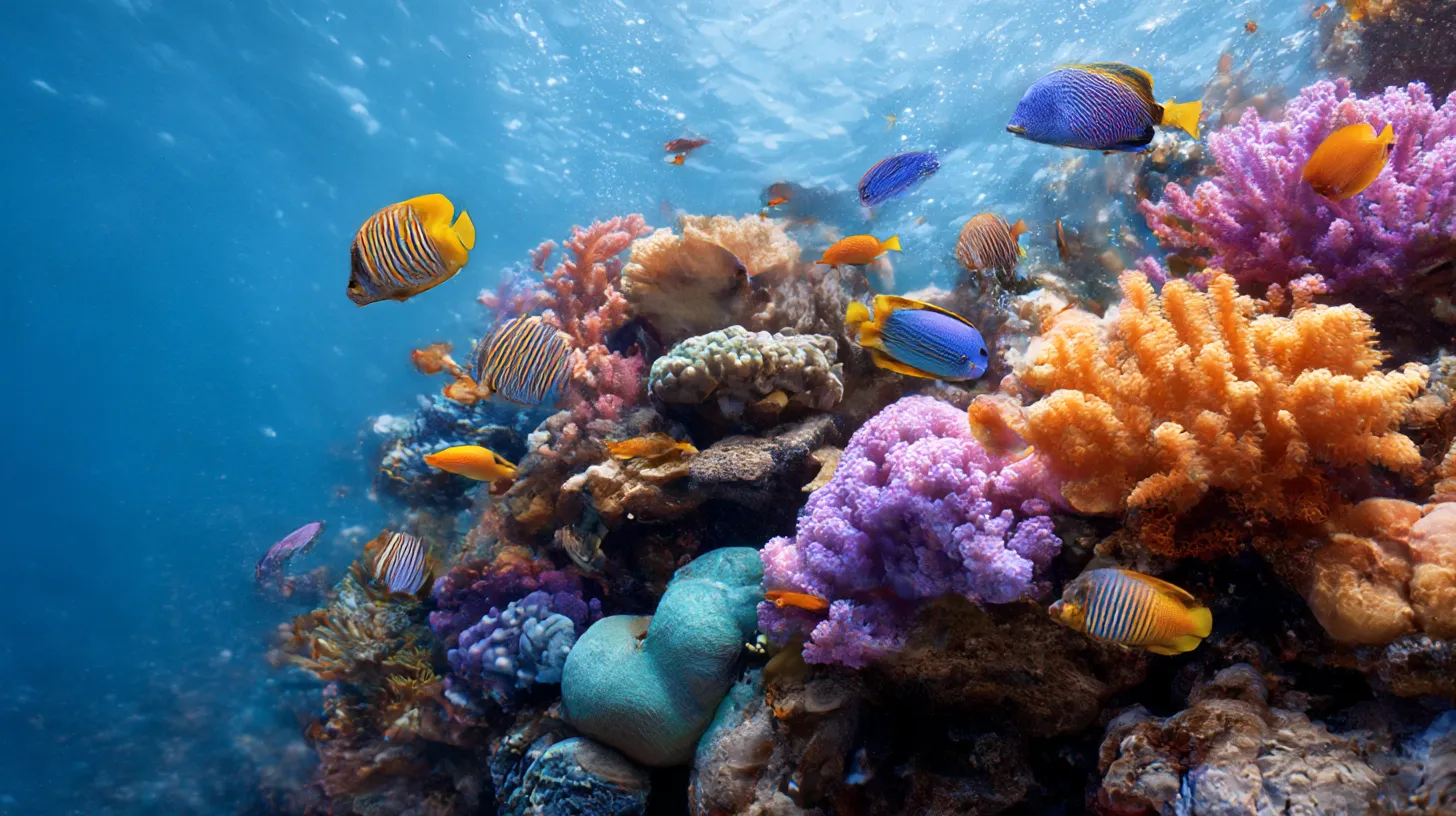海PC壁紙 色彩豊かな海の楽園｜カラフルな珊瑚礁と鮮やかな熱帯魚が舞う海中を描いた海PC壁紙。青い水に映える色彩が生命感を放ち、鮮烈な世界観を表現する。