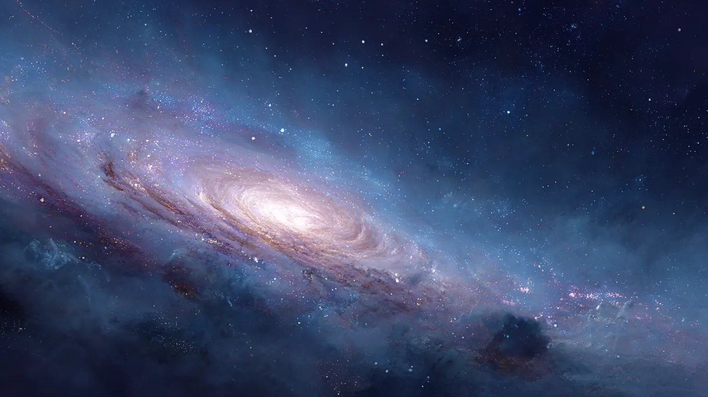 宇宙PC壁紙 渦巻く銀河の光彩｜壮大に広がる銀河の渦が輝きを放つ宇宙PC壁紙。淡い青と白の光が混じり合い、星の集まりがまるで生きているかのような動きを描き出す。