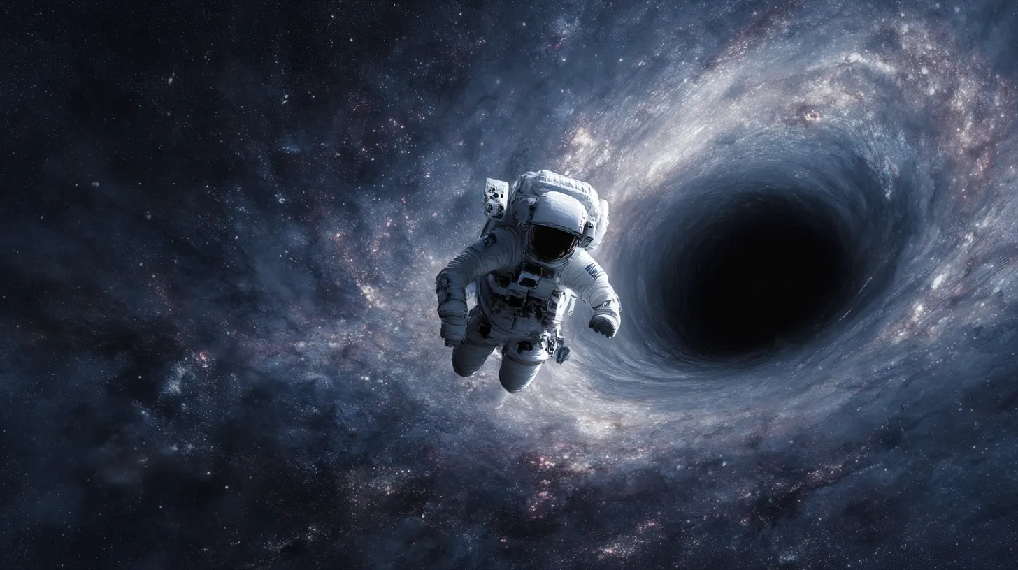 宇宙PC壁紙 宇宙飛行士と虚無の闇｜黒い重力の渦に漂う宇宙飛行士が描かれた宇宙PC壁紙。圧倒的なスケール感と孤独感が交錯し、壮大な宇宙の静寂を象徴している。