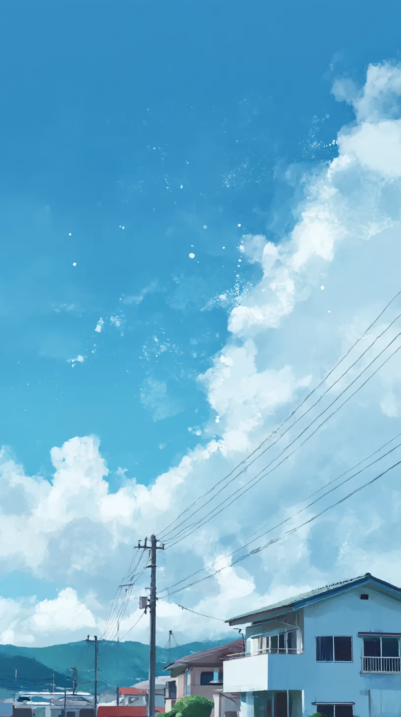シンプルアニメ壁紙 青空と街並み｜澄み渡る青空に大きく広がる白い雲が描かれたシンプルアニメ壁紙。街の屋根や電柱がさりげなく配置され、日常の風景を柔らかに切り取った構図が清涼感を強調している。