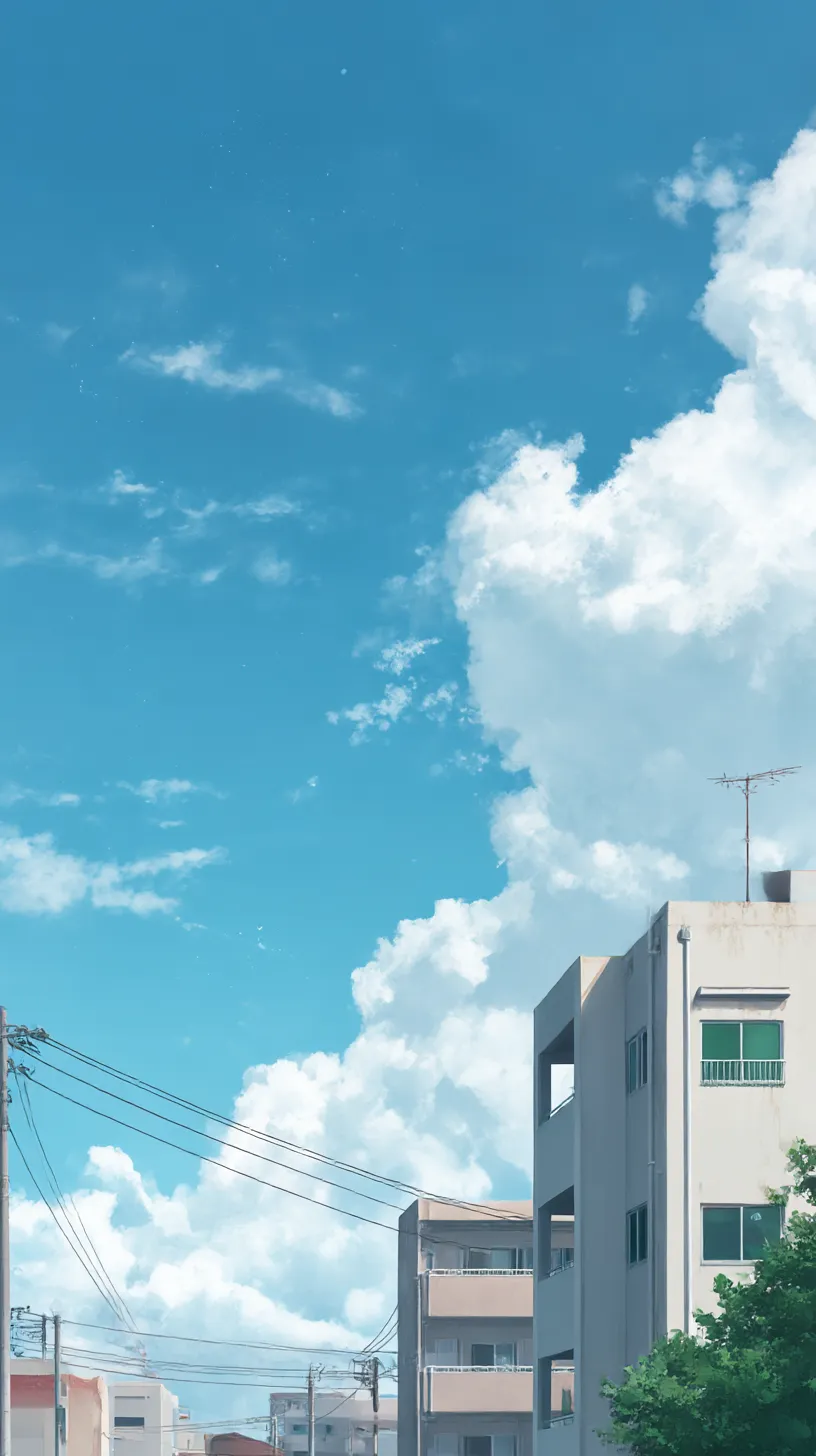 シンプルアニメ壁紙 夏雲と団地｜白い雲が大きくせり上がる空と、団地の建物を重ねたシンプルアニメ壁紙。電線のリズムが奥行きを生み、夏の午後の静けさと爽快感を併せ持つ雰囲気に仕上がっている。