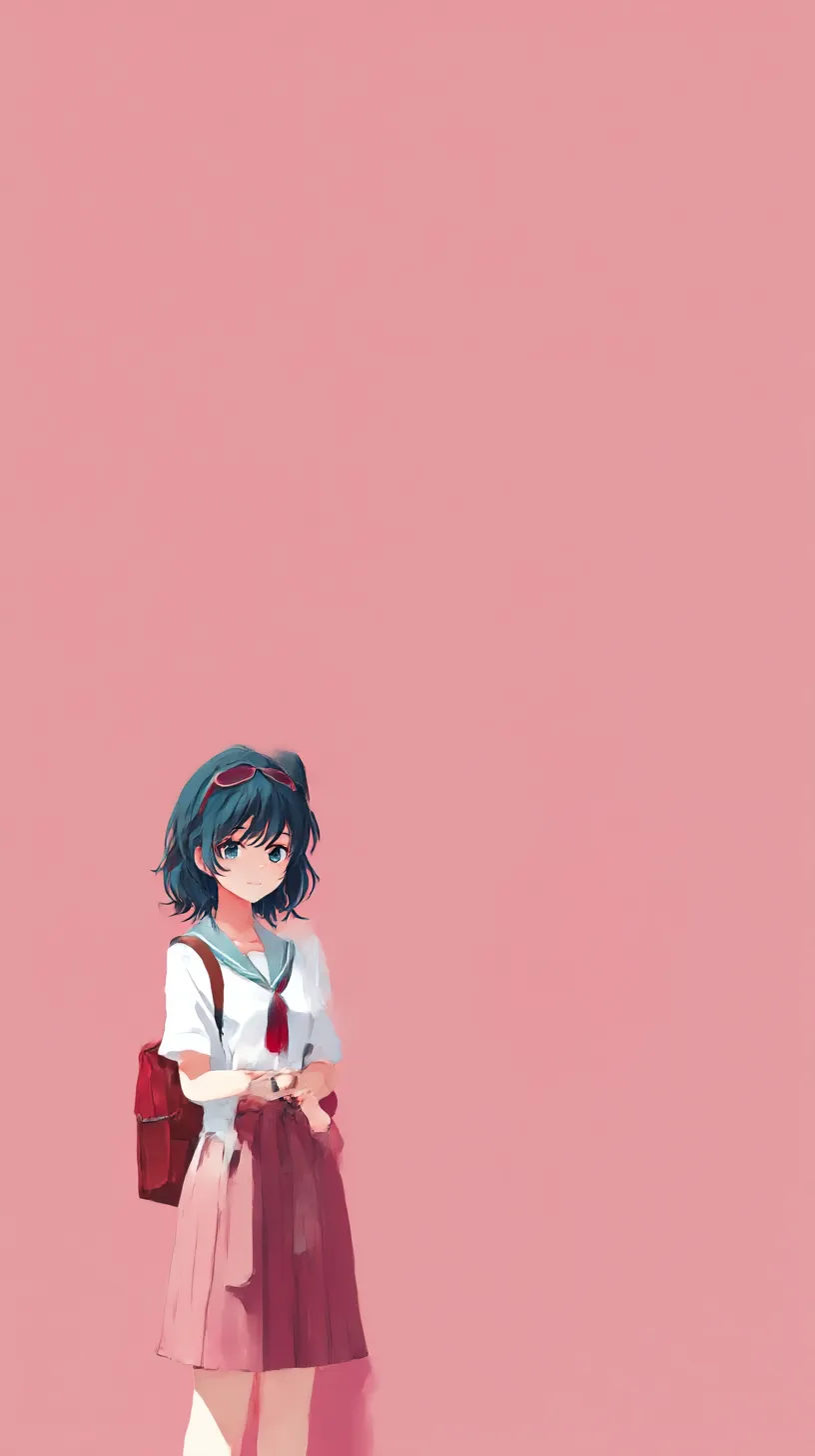 シンプルアニメ壁紙 少女と桃色背景｜広がる桃色の背景に制服姿の少女を配したシンプルアニメ壁紙。最小限の要素で人物が際立ち、赤いリボンや鞄の差し色が画面にアクセントを加えているのが特徴的である。