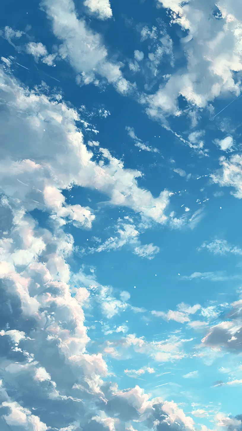 シンプルアニメ壁紙 雲海と夏空｜幾重にも重なる白雲が空を埋め尽くすシンプルアニメ壁紙。細部まで描き込まれた雲と青空の鮮やかなコントラストが、壮大さと透明感を同時に表現している。