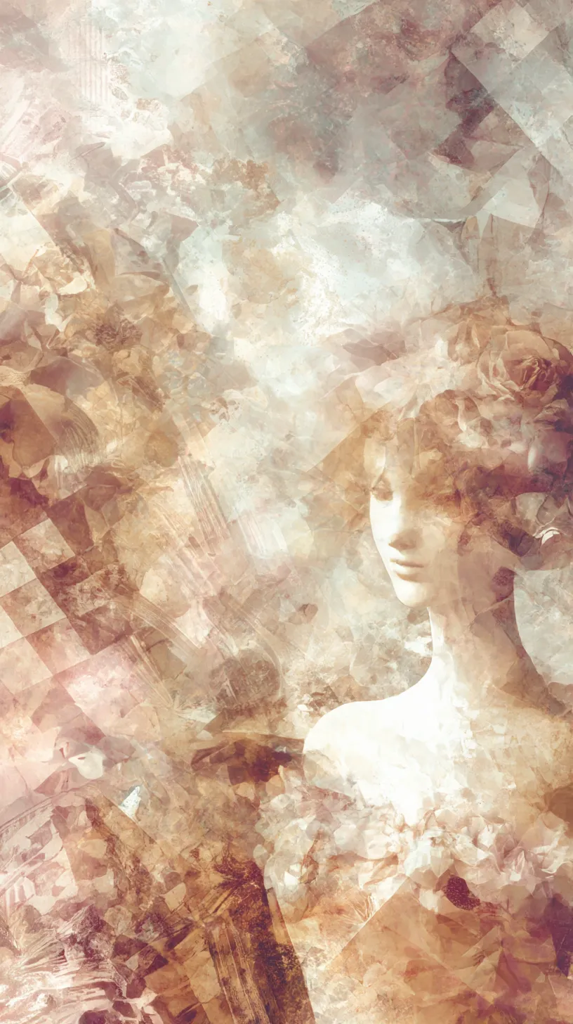 おしゃれレトロ壁紙 幻想の肖像｜女性像が淡い光と複雑なテクスチャに溶け込み、絵画的な表現で幻想を描き出すおしゃれレトロ壁紙。幾層もの色と形が交錯し、アンティーク調の美しさと夢幻的な雰囲気をあわせ持つ印象的な作品となっている。